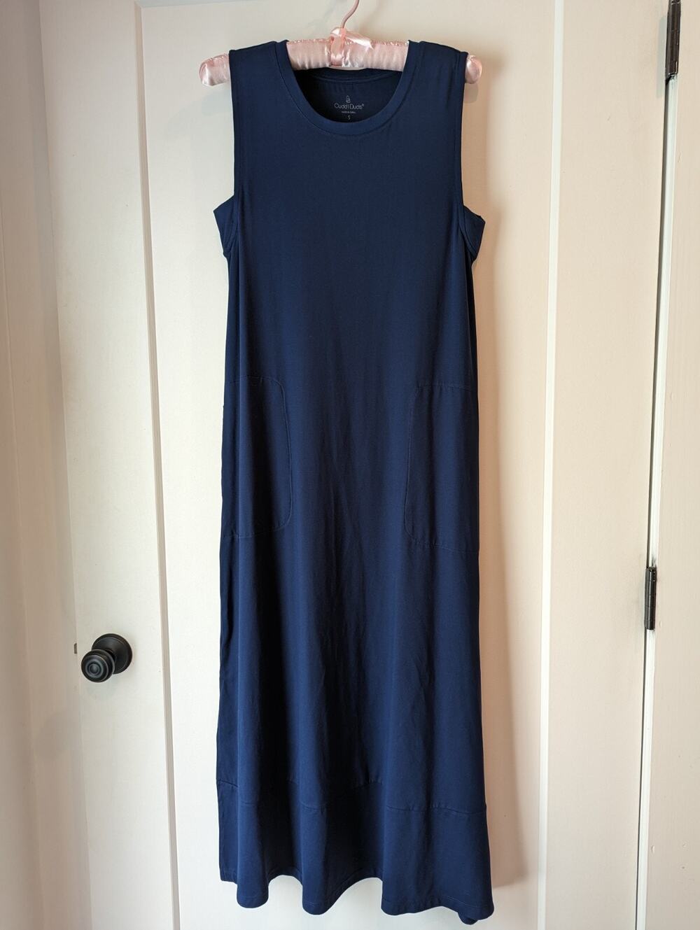 Cuddl Duds Women S Navy Knit Maxi Dress Pockets Spandex Stretch Travel EUC